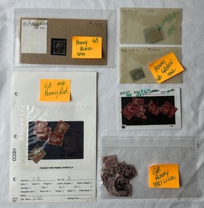 Postage Stamps from Great Britain - Penny Black, Red, Green and Lilac dating back to 1840