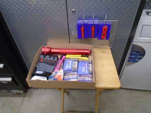 lot 118 image: Flat of gloves & tools. As shown.