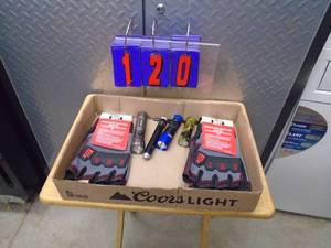 lot 120 image: Flat of xl- gloves & flashlights. As shown.
