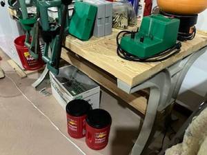 lot 100 image: Complete  reloading bench with reloadervibrator bowltrimmerprimerspowder bench included. Assorted dies. All operating condition. As shown. THIS ITEM HAS A RESERVE.