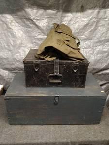 lot 14 image: Vintage Military Storage Box and Wooden Trunk Set