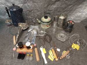 lot 38 image: Vintage Kitchenware Collection with Enamel Tea Kettles and Utensils
