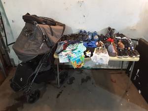 lot 77 image: Collection of Childrens Clothing and Shoes with Expresso Stroller
