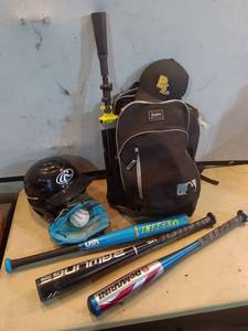 lot 111 image: Collection of youth Baseball Gear Bats, Helmet, Glove, and Backpack