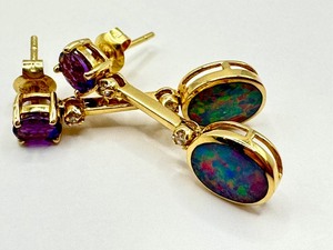 lot 11J image: Pair of 14k Yellow Gold Opal and Amethyst Drop Earrings