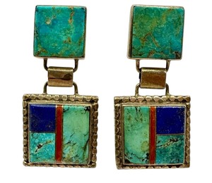 lot 53J image: Marie Tsosie MTT Sterling Silver Inlaid Stone Turquoise Lapis and Coral Navajo Pierced Earrings