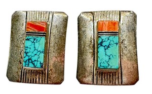 lot 51J image: Marie Tsosie MTT Sterling Silver Inlaid Stone Turquoise and Coral Navajo Pierced Earrings