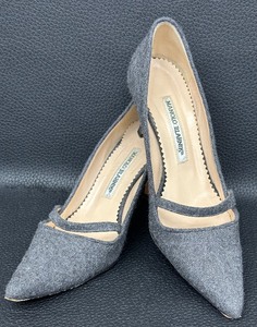 lot 21 image: Manolo Blahnik Grey Wool Mary-Jane Pumps - Size 37 12
