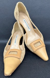 lot 38 image: Manolo Blahnik Raffia and Tan Leather Pumps - Size 38