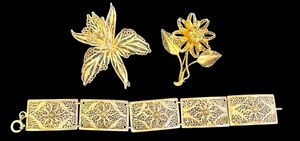 lot 75G image: Vintage Silver Filagree Bracelet and Two Floral Figurine Brooches