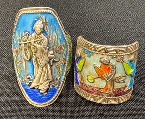 lot 85G image: Two Vintage Chinese Export Silver and Enamel Rings