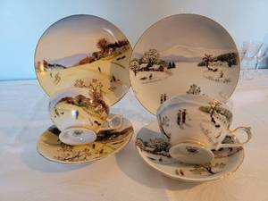 lot 63 image: Lefton Hand Painted Cup & Saucer Trio  AUTUMN and WINTER