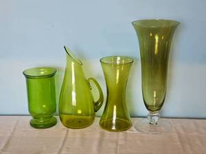 lot 20G image: Vintage Green Large Glass Pieces (Fluted Lip vases, Features Blenko 939P Pitcher)