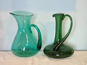 lot 42 image: Beautiful Glass Blown Fluted Pitchers (Teal & Forest Green)