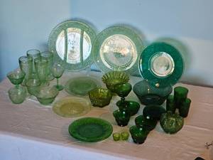 lot 55 image: Large Grouping of Green Depression Ware