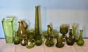 lot 23H image: Vintage Green Art Glass Collection - Miscellaneous MCM Decor Including Pilgrim - (15)