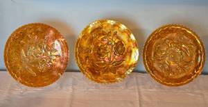 lot 24A image: Vintage Imperial Marigold Carnival Glass - Open Rose Plates - (3)