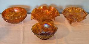lot 24C image: Vintage Imperial Marigold Carnival Glass - Open Rose Ruffled Bowls - (4)