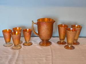 lot 24E image: Vintage Merigold Carnival Glass - Crackle Glass Iced Tea Service - (8)