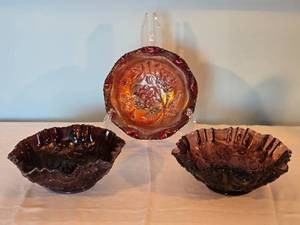 lot 25A image: Vintage Imperial  Carnival Glass - Purple Slag  Sunset Ruby  Cranberry - (3)