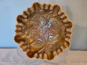 lot 25B image: Vintage Imperial  Carnival Glass -Caramel Slag Ruffled Bowl