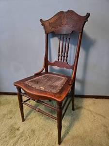 lot 103 image: Brilliant Antique Pressed Back Accent Chair with Tacked Mohair Seat