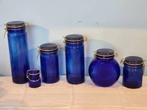 lot 22C image: Vintage Cobalt Glass Decor Collection - Lidded Jars - (6)