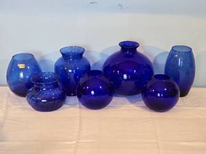 lot 22B image: Vintage Cobalt Glass Decor Collection -  Rotund Pitchers & Vases - (7)
