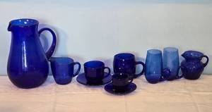 lot 22L image: Vintage Cobalt Glass Decor Collection - Handled Cups & Pitchers - (8)