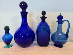 lot 22M image: Vintage Czech Cobalt Glass Decor Collection - Vessels with Glass Stoppers - (4)