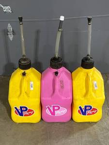 lot 32 image: Three VP Racing 5.5 Gallon Racing Fuel Cans ($100 Retail)
