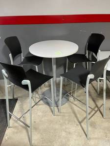 lot 59 image: Used Nice Quality Bistro  Pub Table (30 Diameter x 41.5 Tall) with 4 Chairs
