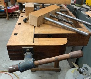 lot 69 image: (Updated - Read Description) Hand-Made Wooden Workbench with Clamps - Will need to Assemble