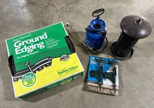 lot 132 image: Yard Care Lot - Ground Edging, Metal Impact Sprinklers (New), Bird Feeder, Steel Sprayer