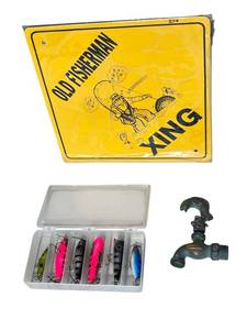 lot 162 image: New Fishing Lures  Vintage Koi Fish Spigot and New Old Fisherman XING Sign
