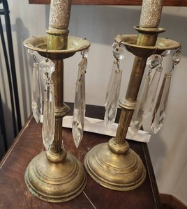 lot 10 image: Vintage Brass Crystal Candlesticks
