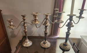 lot 14 image: Vintage Gorham Sterling Silver Candelabra and Pair of Silver Plated Candelabra Set