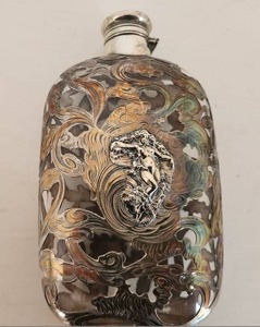 lot 78 image: Antique Art Nouveau Sterling Silver Overlay and Glass Flask