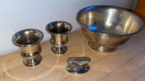 lot 90 image: Sterling Silver Serving Pieces includeing Paul Revere Reproduction Sterling Bowl