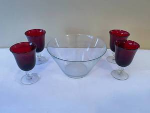 lot 150 image: Ruby Red Goblets & Glass Bowl Set