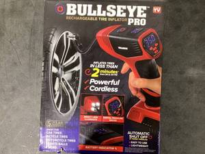 lot 615 image: Bullseye Pro Tire Inflator 150 PSI Electric Air Compressor Portable Air Pump Car Bike LED 12V DC Red