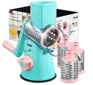 lot 361 image: Geedel Rotary Cheese Grater, Kitchen Grater Vegetable Slicer with 3 Interchangeable Blades, Powerful Suction, Dishwasher Safe, Easy to Clean Grater for Vegetable, Fruit, Nuts