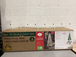 lot 600 image: 9 ft Pre-Lit Flocked Tahoe Spruce Artificial Christmas Tree with 450 Warm White LED Lights and Stand, by Holiday Time