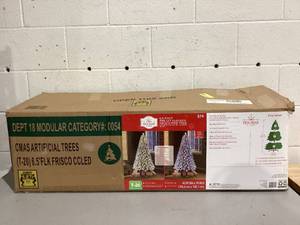 lot 604 image: 6.5ft Snow Flocked Christmas Tree, Artificial Christmas Tree with Pine Cones for Home, Party, Holiday