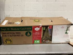 lot 607 image: Holiday Time 7.5ft Pre-Lit Glittering Frost Pine Artificial Christmas Tree, 350 LED, Green