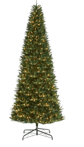lot 597 image: 12ft Pre-Lit Rockford Sure-Lit Pole Slim Pine Christmas Tree, 800 LED, Green, by Holiday Time