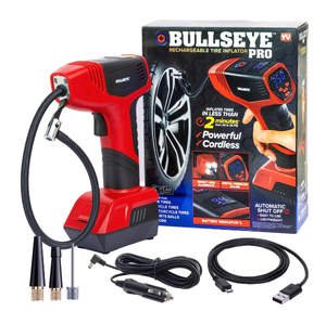 lot 614 image: Bullseye Pro Tire Inflator 150 PSI Electric Air Compressor Portable Air Pump Car Bike LED 12V DC Red