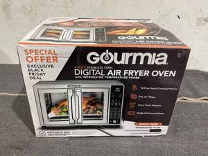 lot 214 image: Gourmia 6-Slice Digital Toaster Oven Air Fryer, with 18 One-Touch Presets & Temp Probe, Stainless Steel