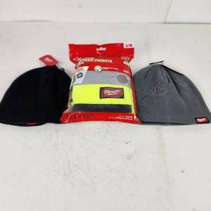 lot 2 image: Lot Of Three Milwaukee Items Small Vest Reflective And Two Knit Hats Beanies Fleece Lined Gray And Black