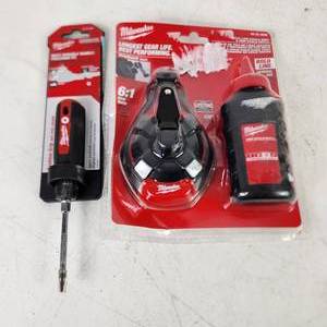 lot 13 image: Lot Of Two New Milwaukee Items Cushion-Grip Screwdriver 48-22-2851 And Bold Line Chalk Reel & Red Chalk Refill Package Damage